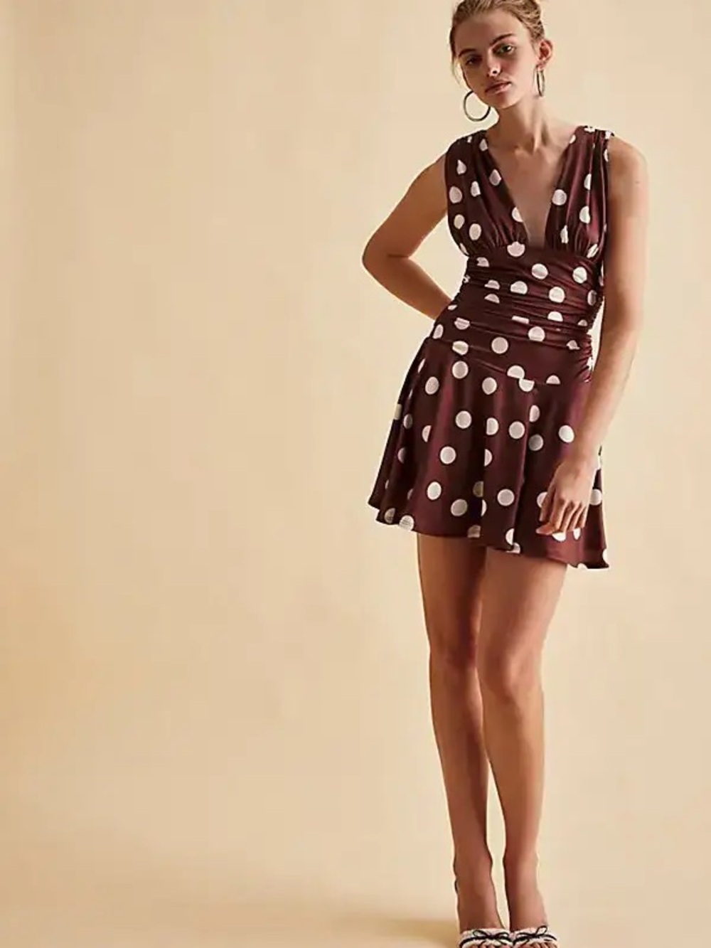 $128 Free People Brown Mini Dress with White Polka Dots Small S